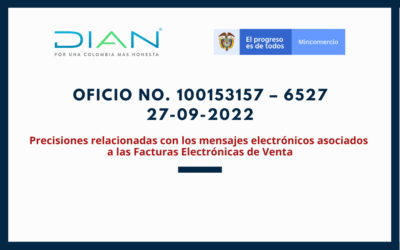 DIAN. Oficio 100153157-6527 de 2022. Precisiones relacionadas con los mensajes electrónicos asociados a las Facturas Electrónicas de Venta