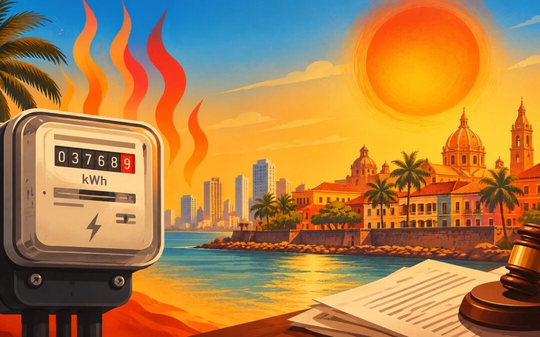 Medidor de energía humeante frente al malecón de Cartagena bajo un sol intenso, con un mazo judicial en primer plano, ilustrando la columna sobre la Resolución CREG y el Plan Energía YA