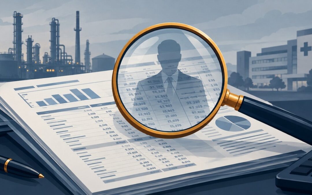 Lupa dorada sobre un estado financiero corporativo revelando la silueta de un auditor, con una refinería y un hospital difuminados al fondo, ilustrando la columna sobre escepticismo profesional en firmas de auditoría