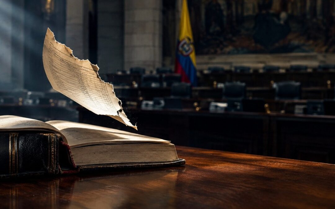 Libro de presupuesto abierto sobre la mesa del hemiciclo del Congreso, con una sola página rasgada flotando mientras el resto permanece intacto